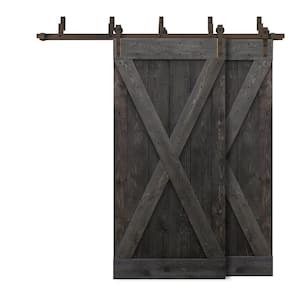 68 in. x 84 in. X Bypass Charcoal Black Stained DIY Solid Wood Interior Double Sliding Barn Door with Hardware Kit