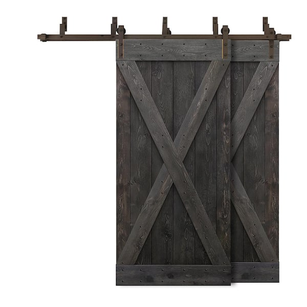 CALHOME 68 in. x 84 in. X Bypass Charcoal Black Stained DIY Solid Wood Interior Double Sliding Barn Door with Hardware Kit
