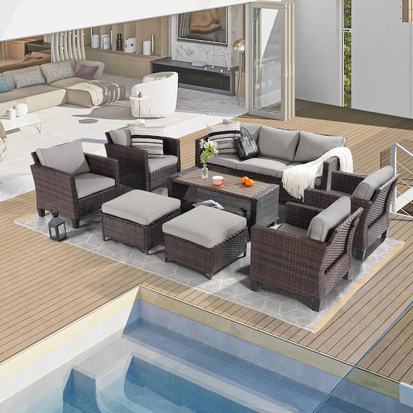 8-Piece Brown Wicker Patio Sofa Set Outdoor Furniture Set with Ottomans and Coffee Table, Linen Grey