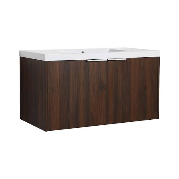 35.40 in. W Floating Wall-Mounted Bath Vanity in California Walnut with White Resin Top