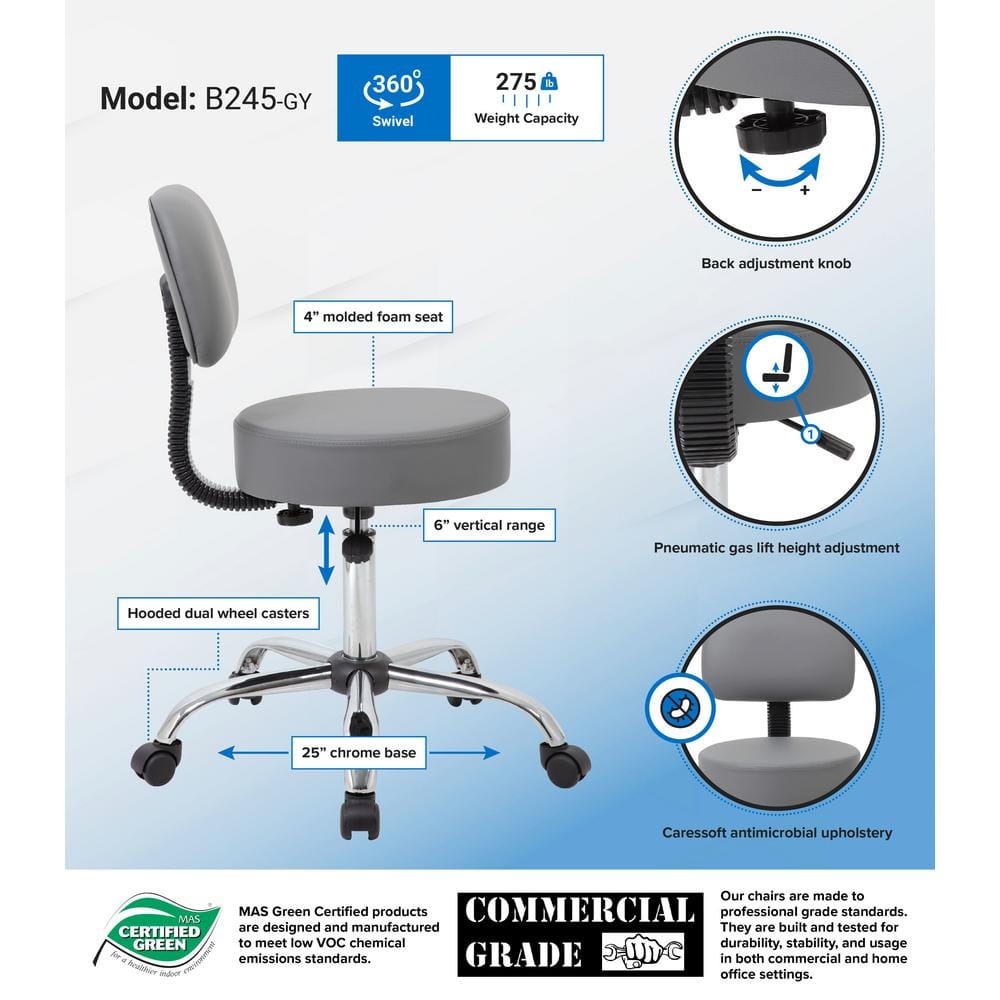 Adjustable Chrome-Finish Gray Medical Swivel Stool with Back Support