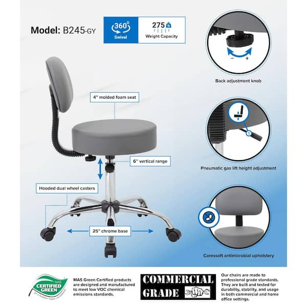 Medical Stool with Back Cushion Gray - Boss Office Products