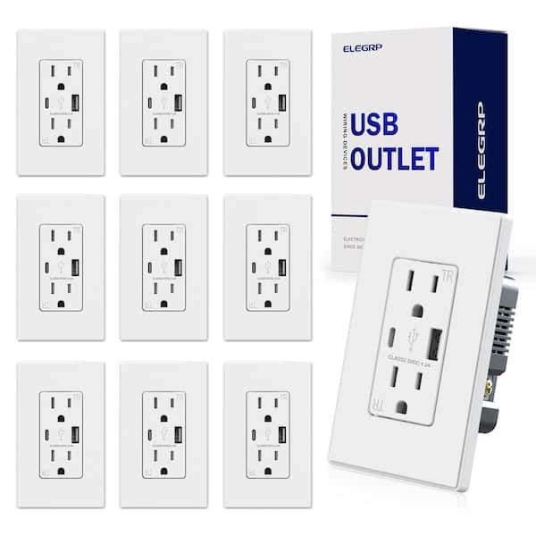 ELEGRP 21W USB Wall Outlet with Type A and Type C USB Ports, 15 Amp Tamper Resistant, with Screwless Wall Plate,Black (10 Pack)