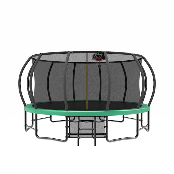 15 ft. Outdoor Green Round Trampoline with Basketball Hoop