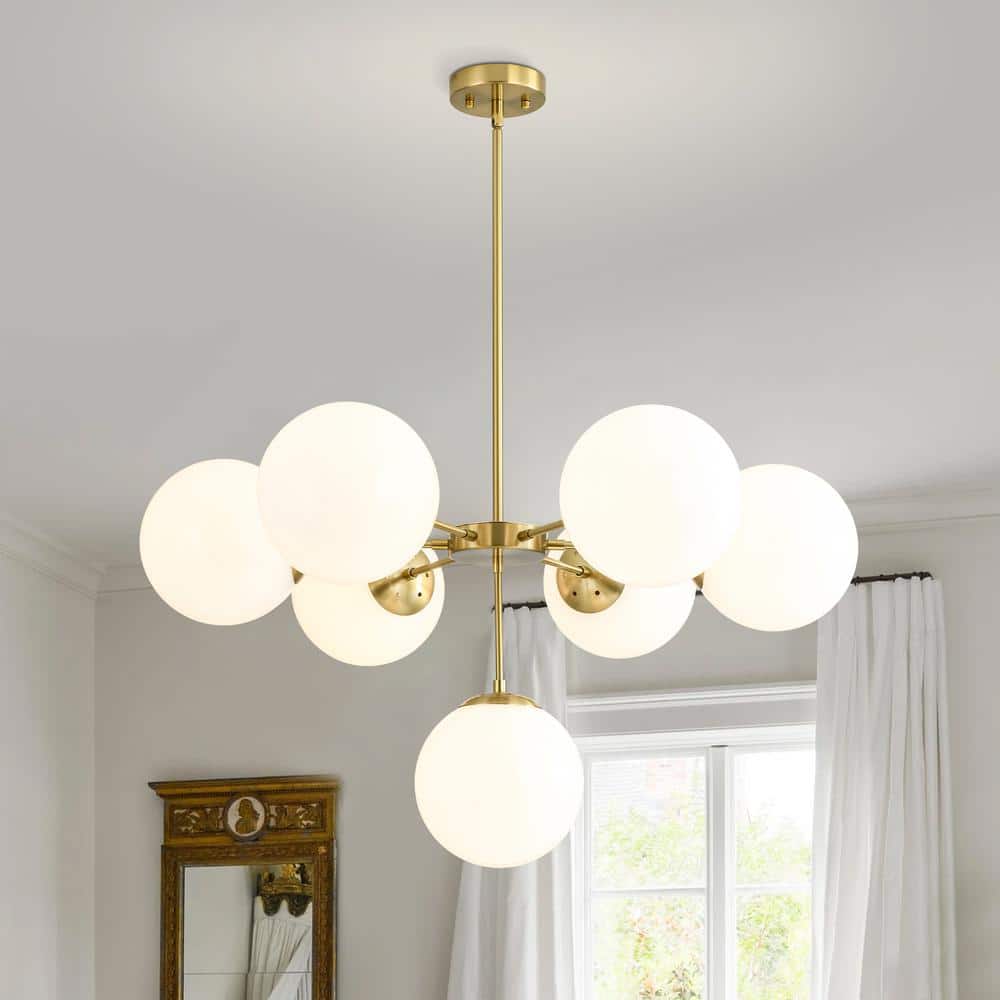 Ceder 35.4 in. W 7-Light Antique Brass Modern/Contemporary Style Chandelier Sputnik Tiered with White Opal Glass Shades price history on PriceWatchPro