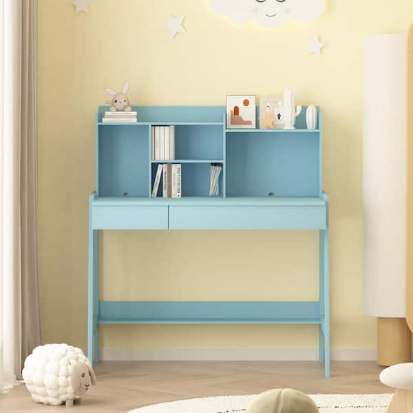 YOFE Modern Classic 2-Piece Wood Top Round Edge Antique Blue Height Adjustable Kids Desk and Chair Set with Storage Shelves