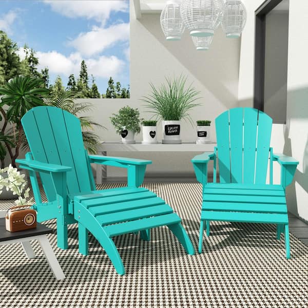 Laguna Outdoor Patio 4 Piece Set Traditional HDPE Plastic Folding Adirondack Chairs with Footrest Ottomans in Turquoise