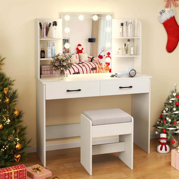 2-Piece White Makeup Vanity Set with Lighted Mirror Charging Station 3-Color Dimmable LED Lights