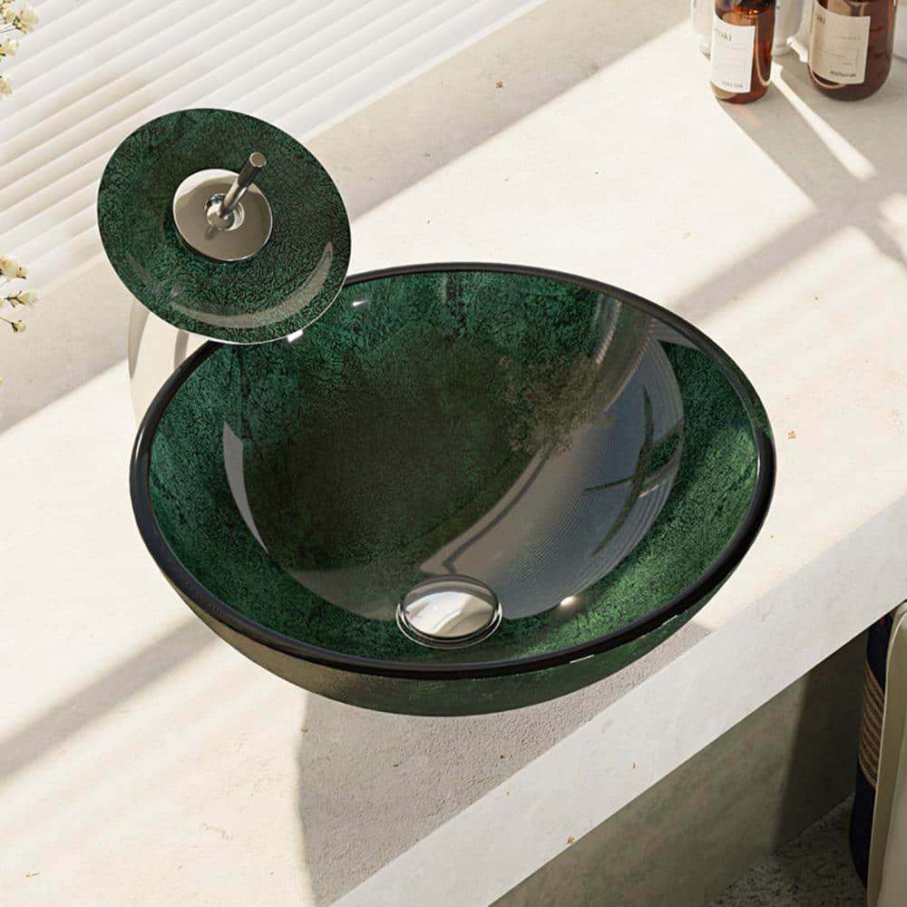 Rene Glass Vessel Sink in Woodland Green and Black with Waterfall