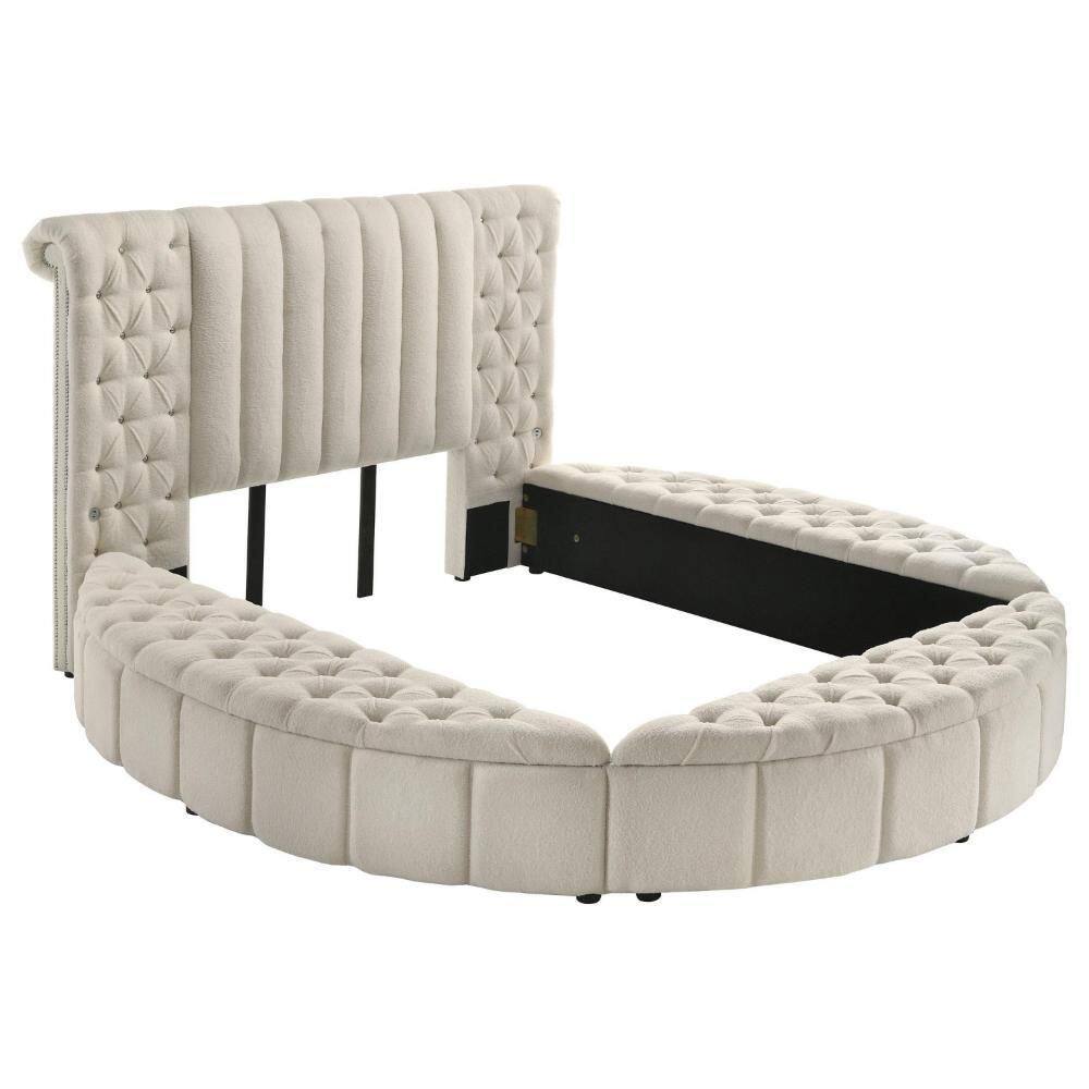 Neya Ivory White Wood Frame Queen Size Panel Bed with Wingback and Storage