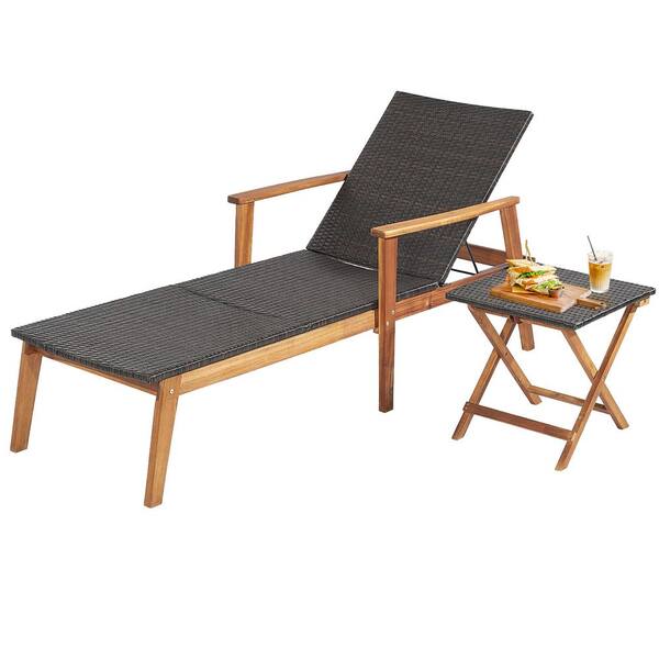 Gymax 2-Piece  Patio Lounge Chair Adjustable Recliner Chair Acacia Wood Frame Folding Table Set