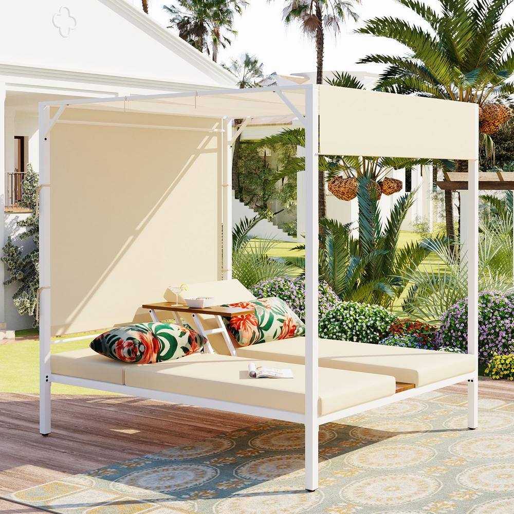 Metal Outdoor Patio Sunbed Day Bed with Beige Cushions and Adjustable Seats