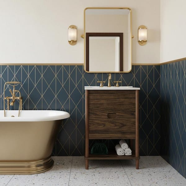 Ellery 24.02 in. Wide Single Sink Freestanding Walnut Bath Vanity with White Ceramic Integrated Square Top