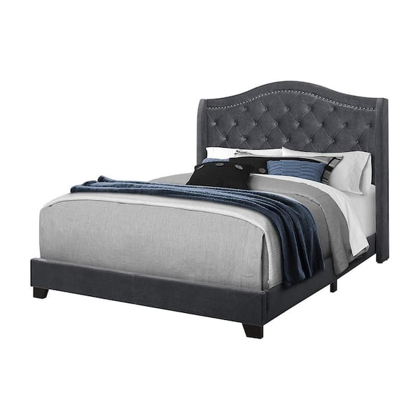 HomeRoots Jasmine Gray / Dark Grey Queen Bed with Upholstered Headboard