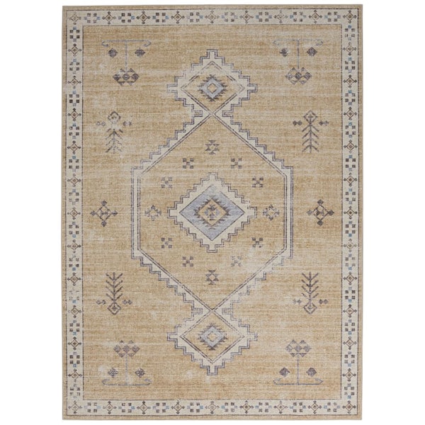 Linon Home Decor Park Harlow Sand and Ivory 5 ft. x 7 ft. Traditional Woven Distressed Polyester Rectangle Indoor Area Rug