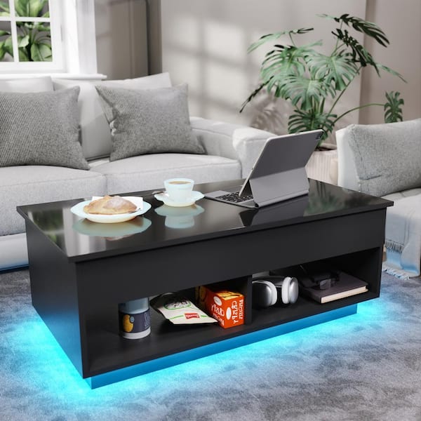 Hommpa 40.16 in. Black Rectangle Wood Lift Top Coffee Table with RGB LED Light Hidden Compartment Open Shelves POA0271862 1 The Home Depot