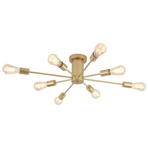 LWYTJO Theis 30.12 in. 8-Light Gold Semi Flush Mount Sputnik Chandelier Linear Ceiling Mount Light for Bedroom Dining Room