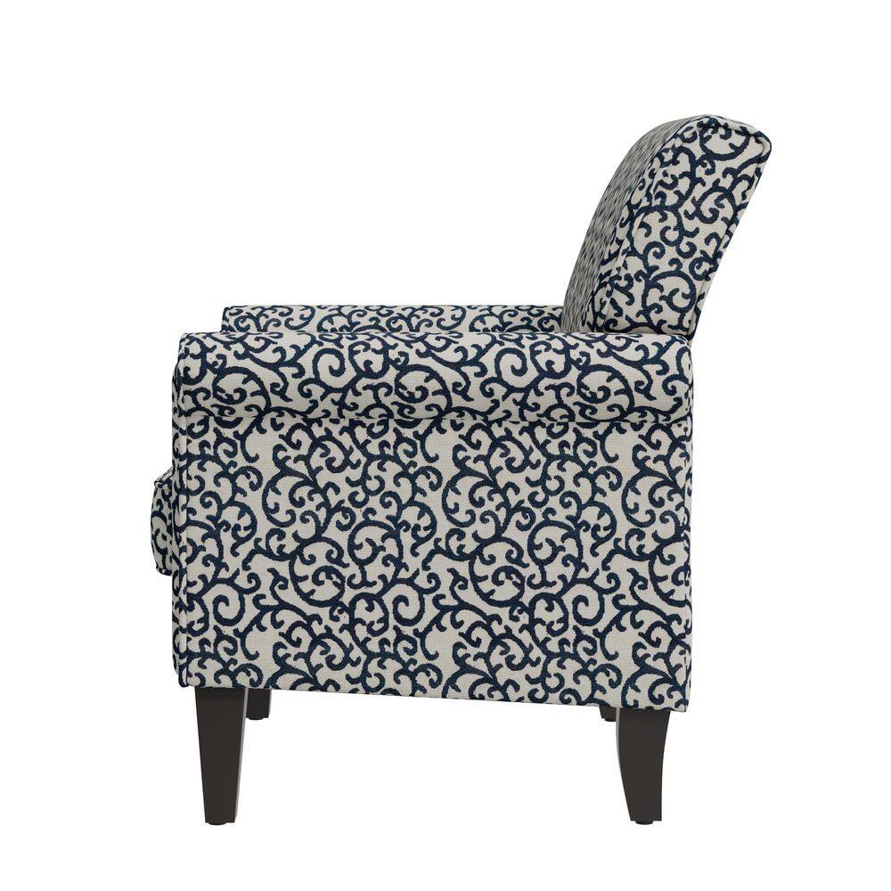 Close-up of the backrest of a patterned accent chair.