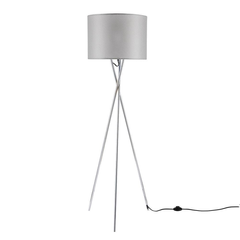 Amlight Lisboa 62 in. Chrome Metal Indoor Tripod Floor Lamp with Grey Mesh 