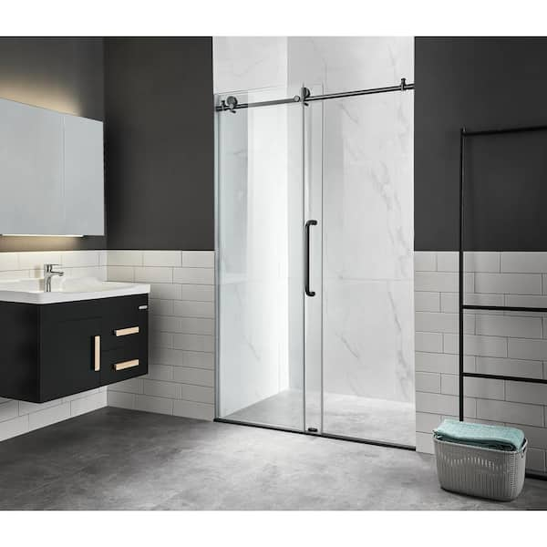 Madam Series 60 in. x 76 in. H Sliding Frameless Shower Door in Matte Black with Tsunami Guard Tempered Glass