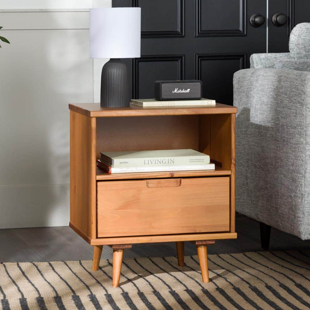 Welwick Designs 1 Drawer Caramel Solid Wood Mid Century Modern Storage Side Table Hd9540 The 8750