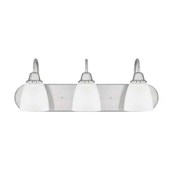 24 in. W x 8.5 in. H x 8 in. E 3-Light Acid Washed Glass Vanity Light in Brushed Nickel