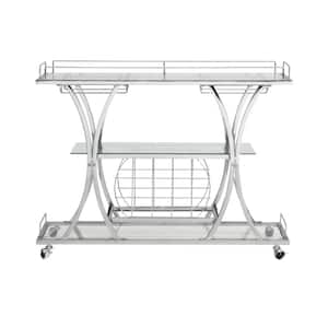 Modern Silver Bar Cart 3-Tier Glass Top with Lockable