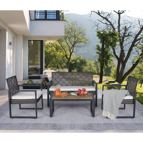 Unbranded 4-Piece Wicker Patio Conversation Set with Acacia Wood Table Top, Modern Black Frame and White Cushions