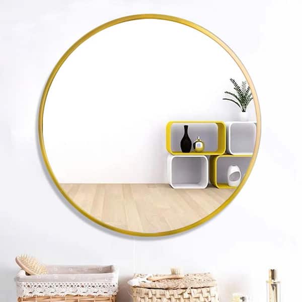 OLUMAT 32 in. W x 32 in. H Round Framed Wall Bathroom Vanity Mirror in Gold