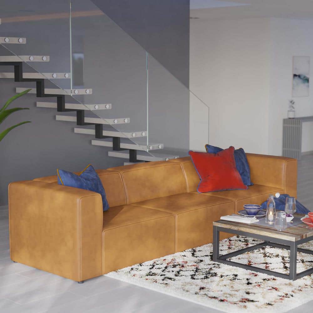 Mingle Contemporary 3-Piece Tan Faux Leather Sectional Sofa