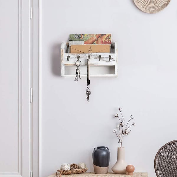 Key Holder for Wall, Mail Organizer Wall Hanging Key Rack, White, Wooden,  5-Hook 
