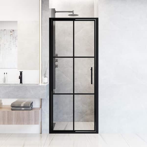 Astoria 32 in. W x 76 in. H Space Saving Framed Pivot Shower Door in Matte Black with Grid Clear Glass