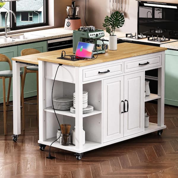 47 in. White Rubber Wood Kitchen Cart with Extendable Dining Table, Power Outlet (Not include stools)