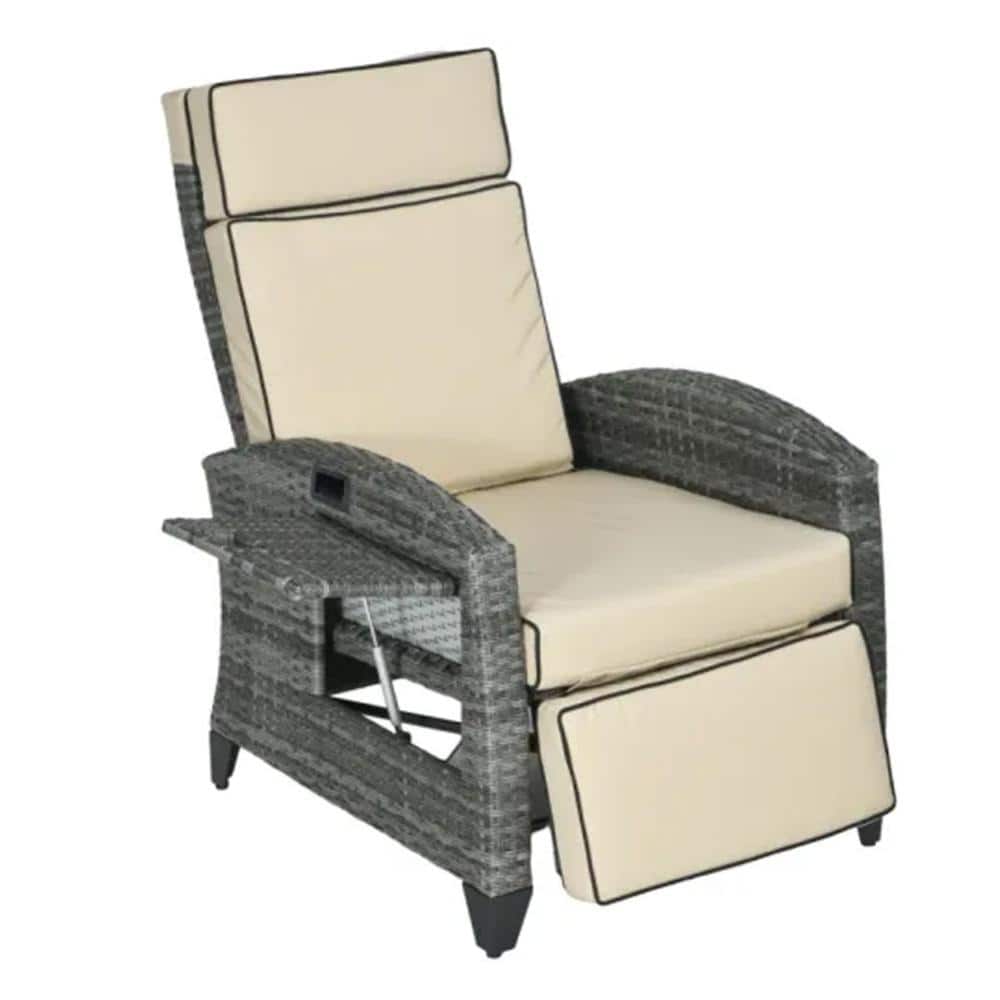 Gray 1-Piece Wicker Outdoor Patio Chaise Lounge with Beige Cushions