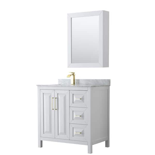 Wyndham Collection Daria 36 in. W x 22 in. D x 35.75 in. H Single Sink Bath Vanity in White with White Carrara Marble Top and MedCab Mirror