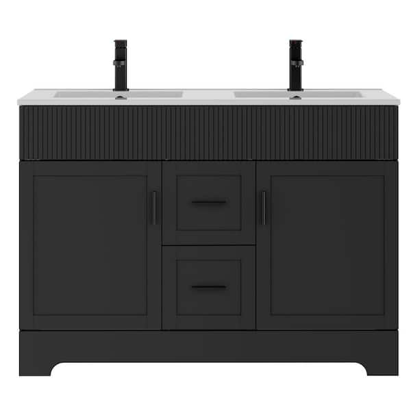 48 in. W. x 18.3 in. D x 34 in. H Double Sink Freestanding Bath Vanity in Black with White Resin Top Drain Faucet Set