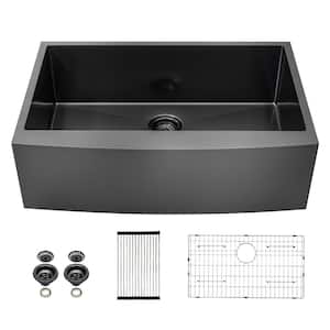 36 in. Farmhouse/Apron Front Single Bowl Gunmetal Black 16 Gauge Stainless Steel Kitchen Sink with Bottom Grid