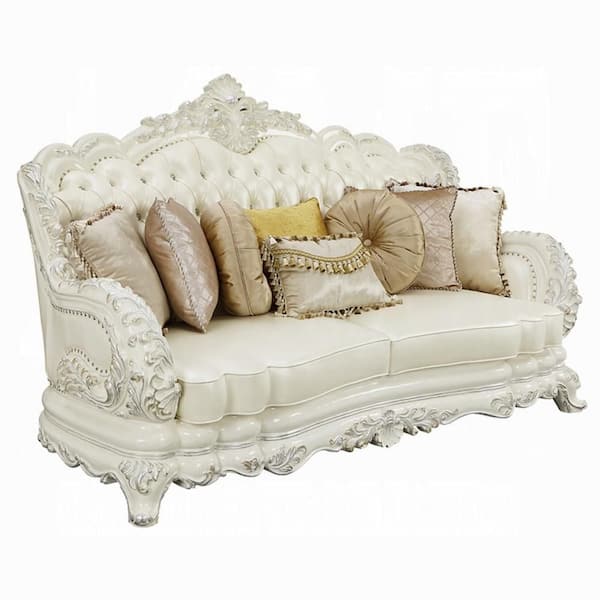 Benjara Rox 44 in. Straight Arm Faux Leather Rectangle with 7 Accent Pillows Sofa in. White and Silver