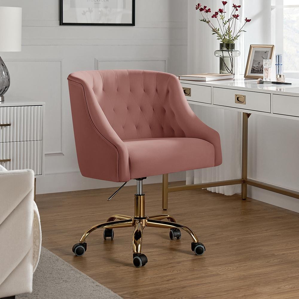 Ergonomic Pink Velvet Swivel Office Chair with Gold Metal Legs