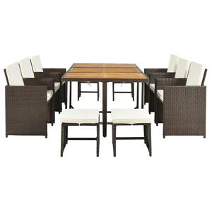 Brown 11-Piece Wicker All-Weather Outdoor Dining Set Wooden Tabletop with Beige Cushions