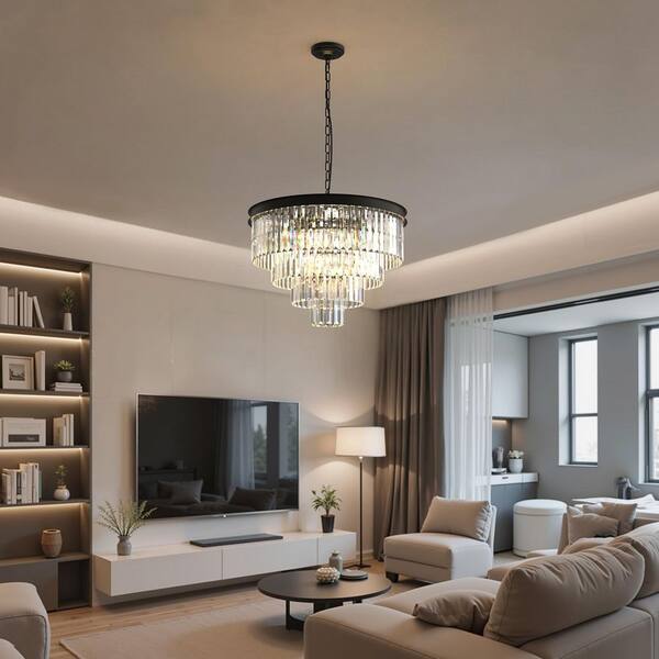 YANSUN 12-Light 4-Tier Black Crystal Chandelier, 24 in. Modern