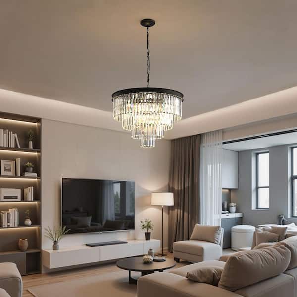 12-Light 4-Tier Black Crystal Chandelier, 24 in. Modern Statement Pendant for Bedroom, Dining Room, or Living Space