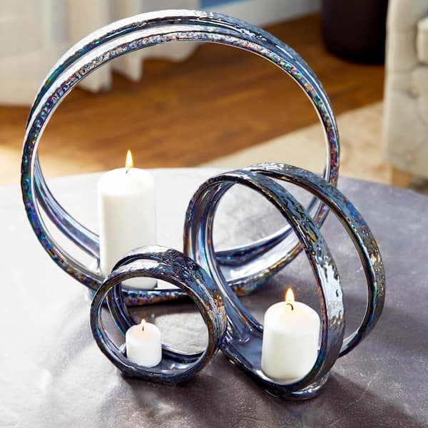 Litton Lane Silver Ceramic Pillar 3 Plate Candle Holder (Set of 3)