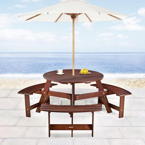 Unbranded 63 in. Brown Wood Round Picnic Tables Seats 6 People with Umbrella Hole and 3 Built-in Benches