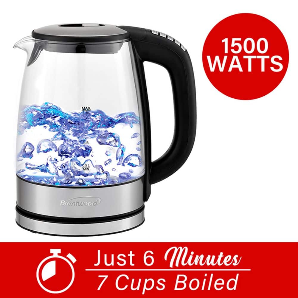 Brentwood 1.79-Qt Black Glass Electric Kettle with LED Light