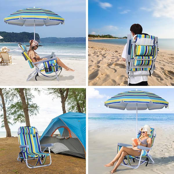 Backpack Beach Chair Striped Beach Chair with Umbrella Reclining Beach Chairs for Adults with Cooler 2 Pack