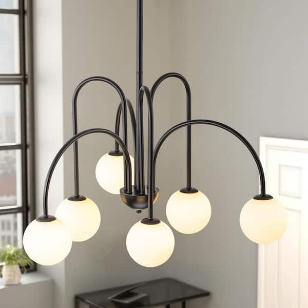 Ayden 6-Light Black Contemporary Dimmable Sputnik Sphere Chandelier with Opal Glass Globe Bubble