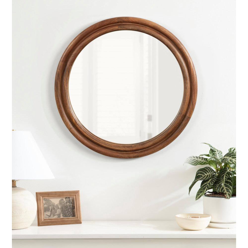 Walnut Brown Ribbed Round Mango Wood Vanity Mirror