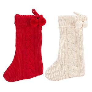 19 in. Red/White Knitted Cotton Nutmeg Christmas Stocking with Pom Pom Tassels (2-Pack)