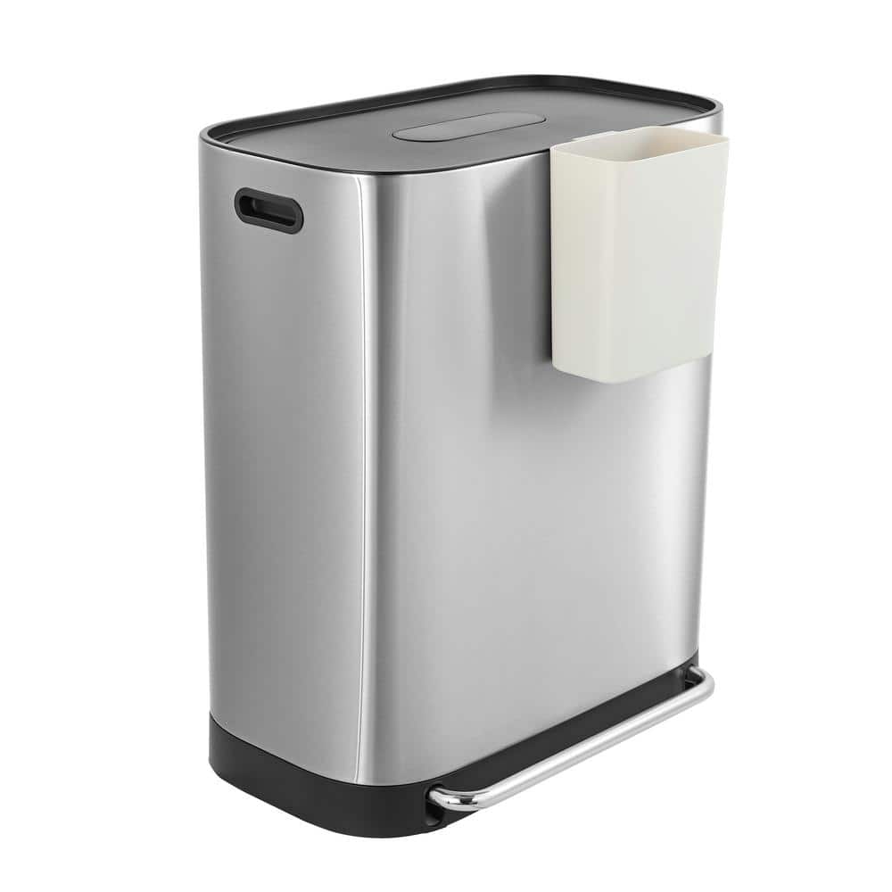 16-Gallon Stainless Steel Kitchen Trash Can with Pedal and Side Bin